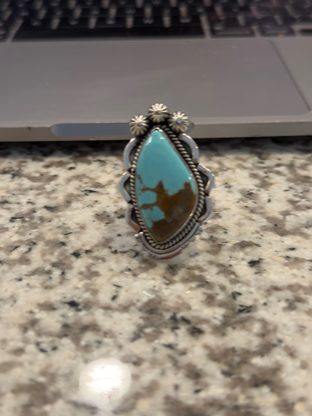 Turquoise Stone Silver Teardrop Ring - Blue Brown Turquoise